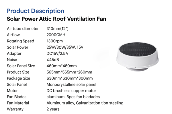 30W Roof Mount Solar Attic Fan - 12“Round Series - Image 9