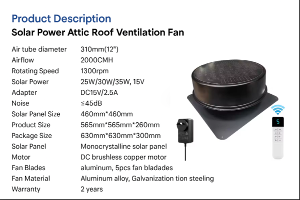30W Roof Mount Solar Attic Fan – 12” Round Series - Image 6